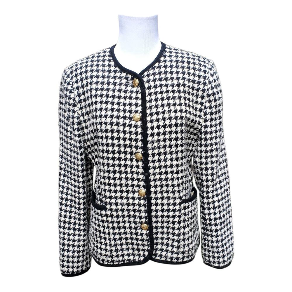 Vintage Alfred Dunner Houndstooth Tweed Jacket Old Money Academia Gold Button 8